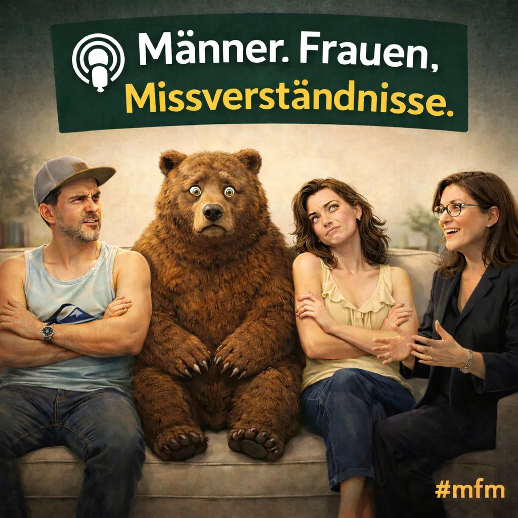 Podcast-Cover von Männer. Frauen. Missverständnisse.: Christoph, ein Bär, Lilli und Petra sitzen gemeinsam auf einem Sofa.